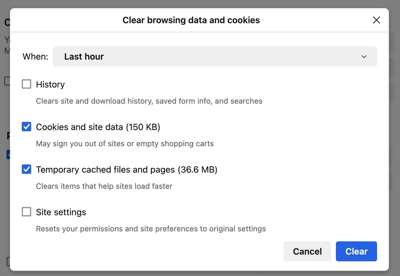 Firefox settings where “Cookies and site data” and “Temporary cached files and pages” are both checked, with a “Clear” button underneath