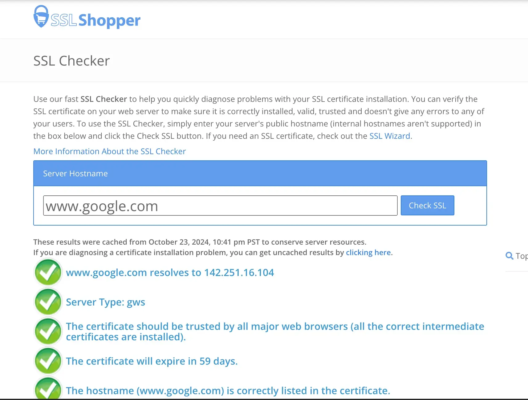 SSL Checker results for google.com showing green checkmarks throughout