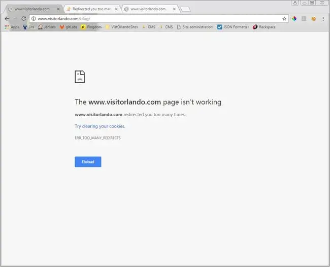 A chrome too many redirects error that states, “The www.visitorlando.com page isn’t working”