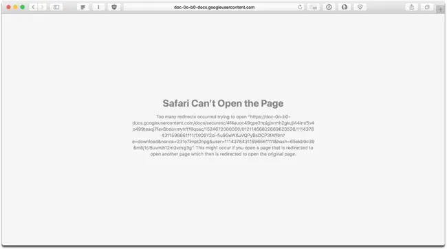 A Safari too many redirects error that states, “Safari can’t open the page”