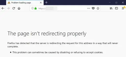 A Firefox too many redirects error that states, “The page isn’t redirecting properly”