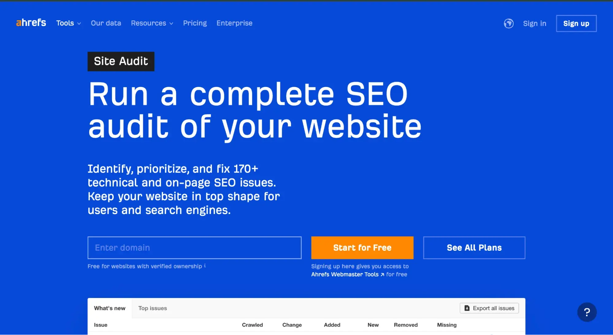 Ahrefs landing page that says, “Run a complete SEO audit of your website”