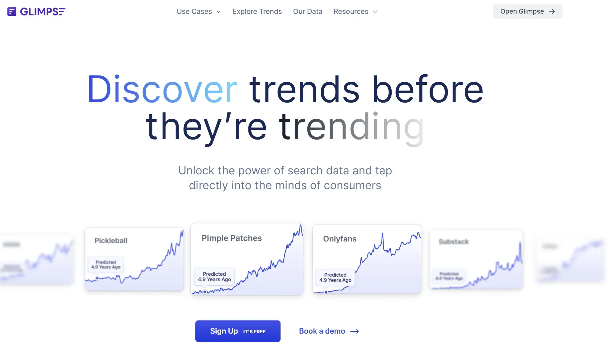 trend predictions: screenshot from Glimpse showing how Glimpse shares their USP as a tool to discover trends before they’re trending.