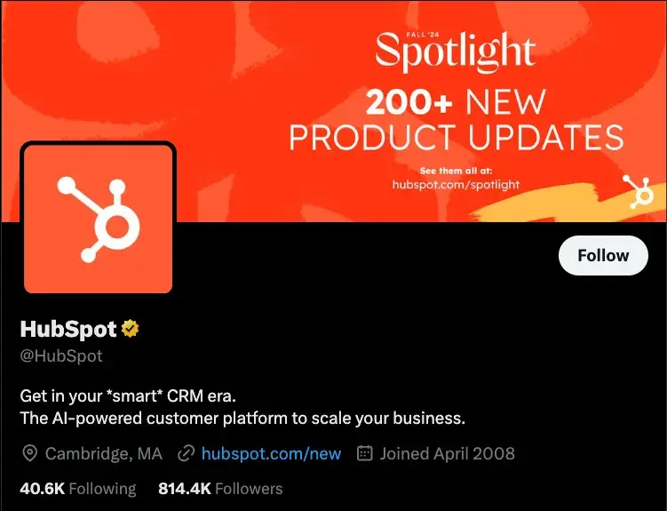 HubSpot’s X page with logo, handle, and bio