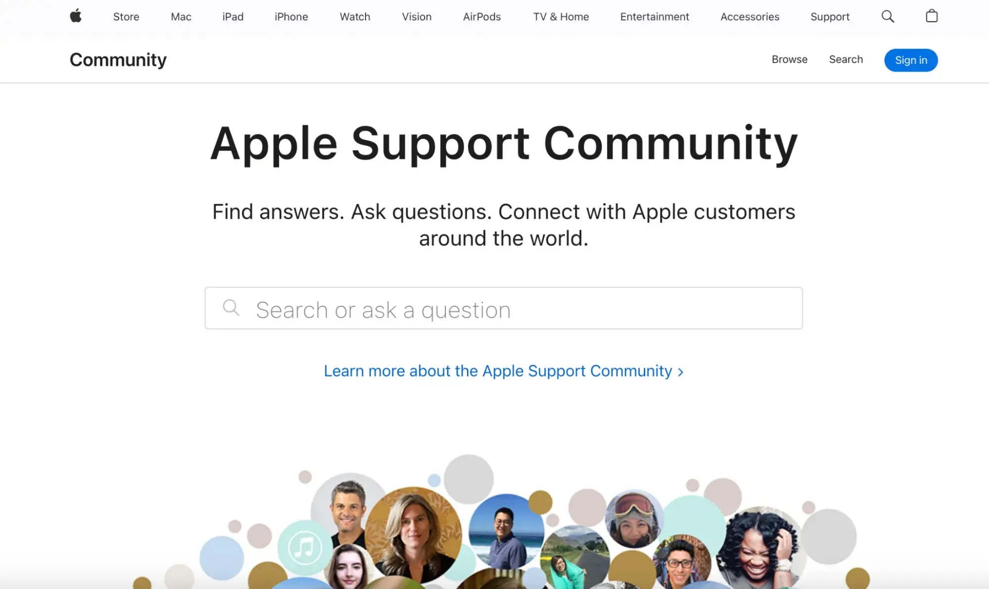 types of community management, support community example, Apple Support Community homepage