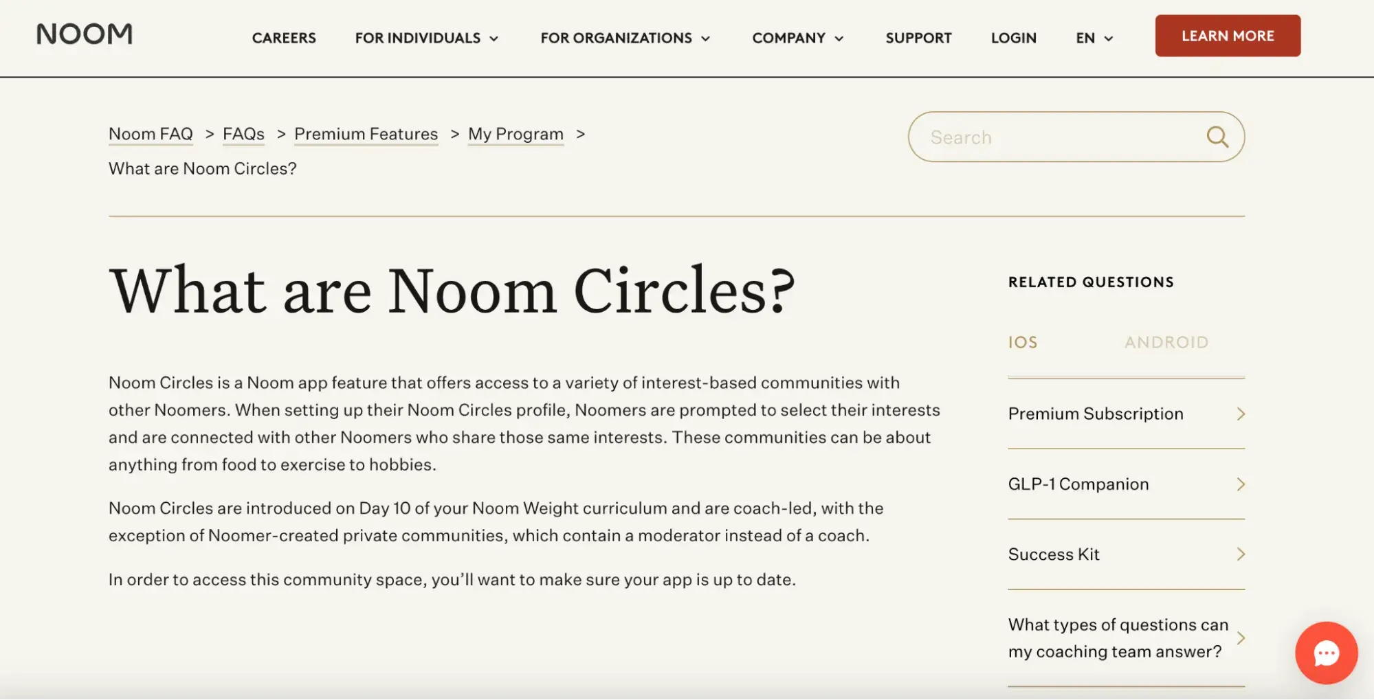 types of community management, success community example, Noom Circles homepage