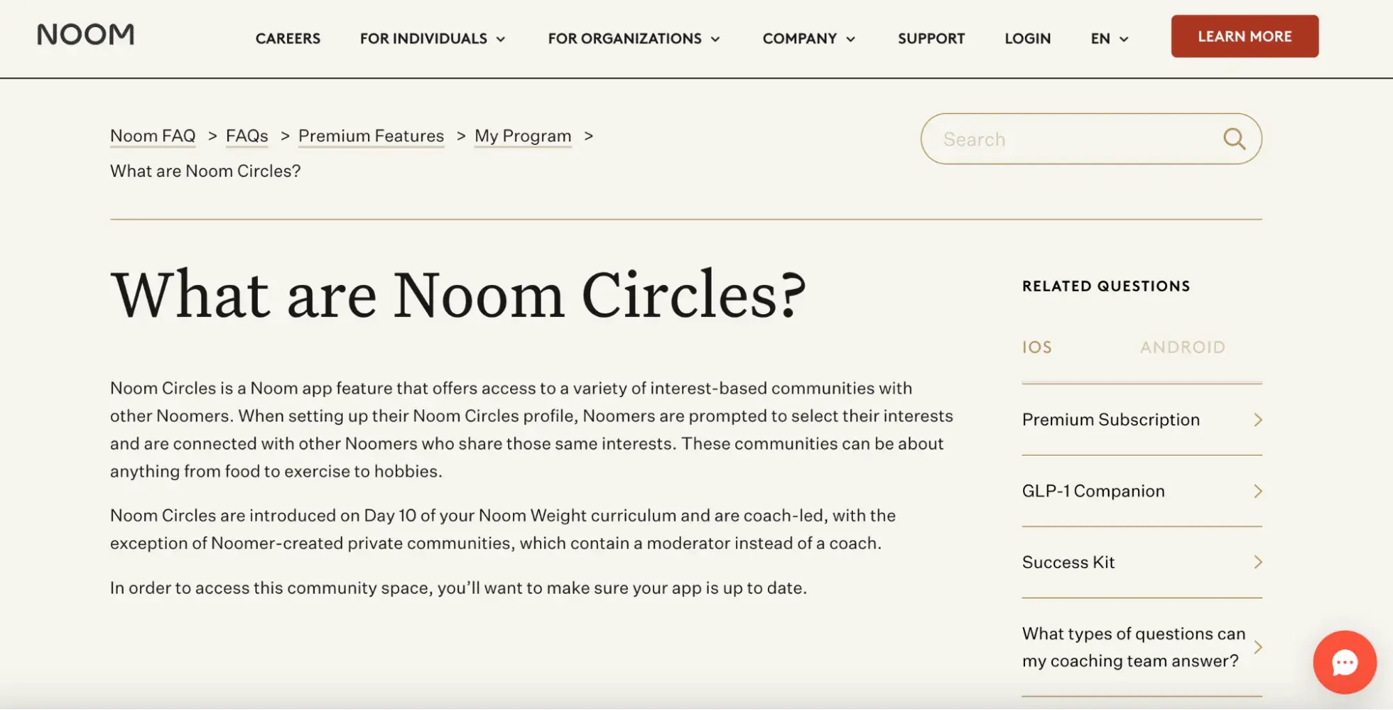 Types of Community Management, Examples of Success Communities, Noom Circle Homepage