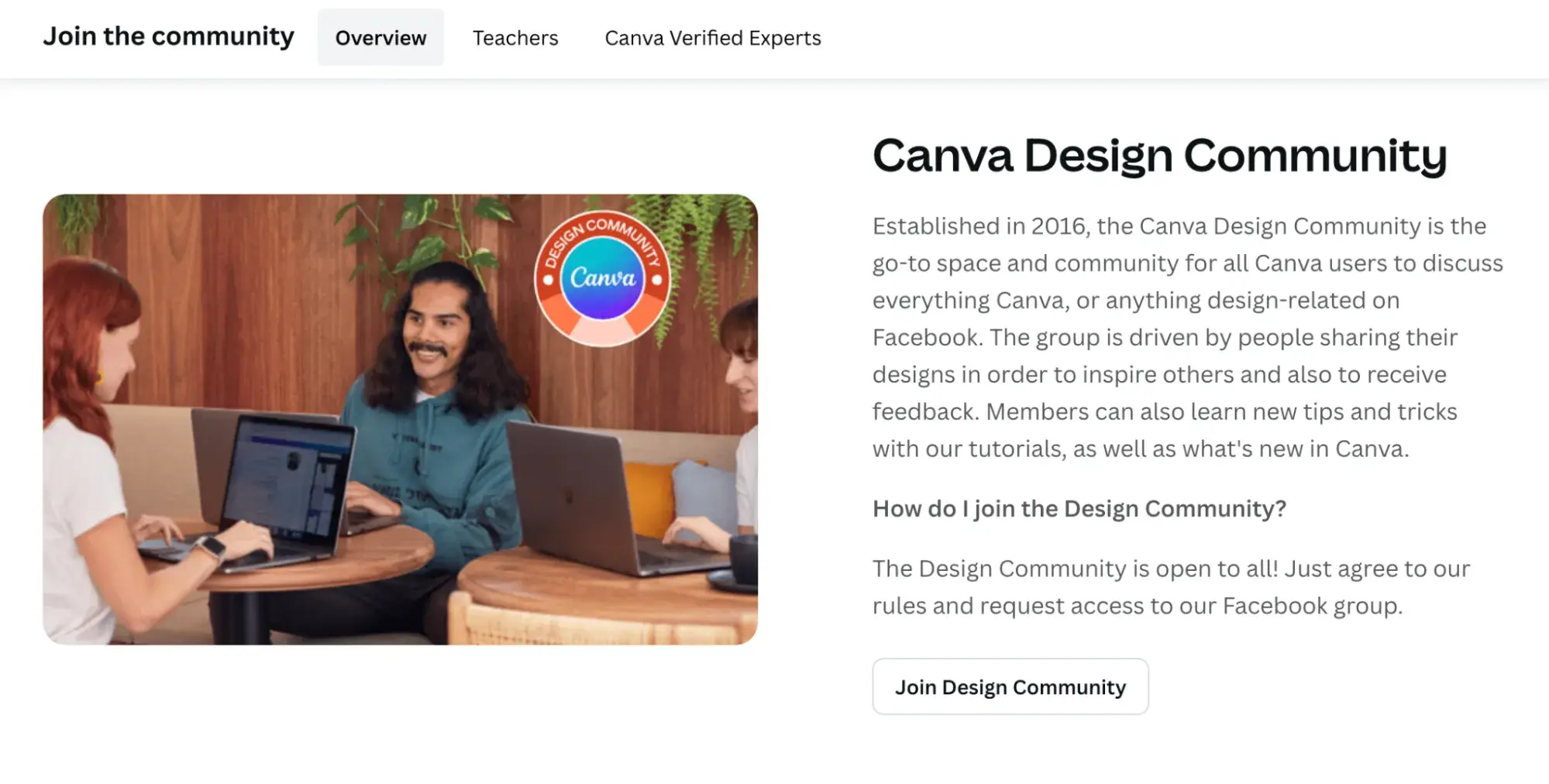 types of online communities, brand community example, Canva Design Community homepage