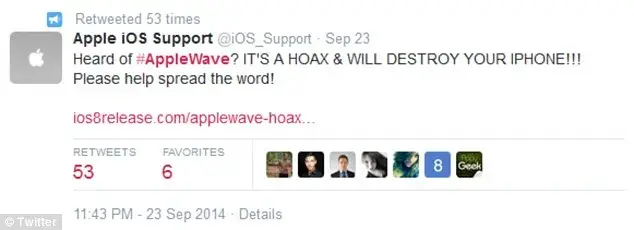 Apple iOS support tweet identifying Wave UGC as a hoax