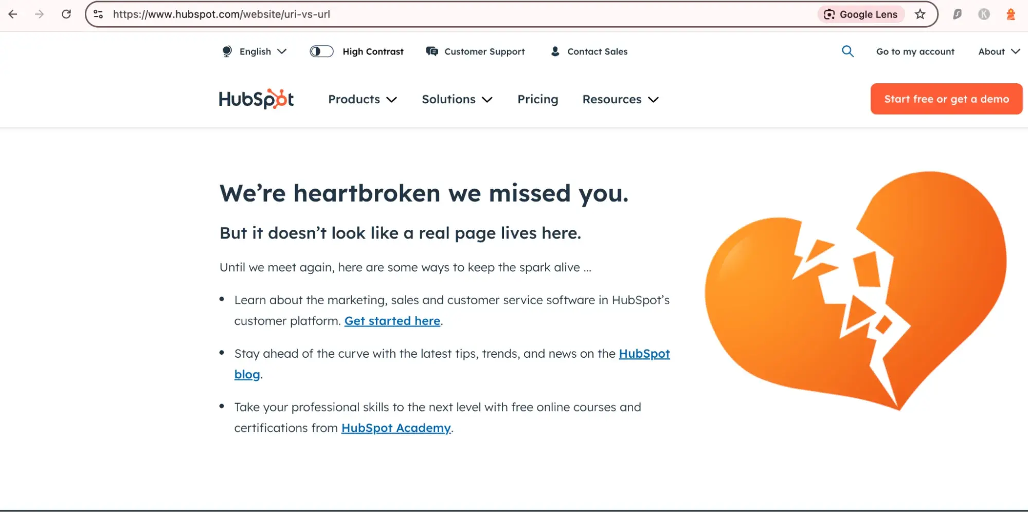 a 404 page ont he hubspot blog website with uri vs url in the page url