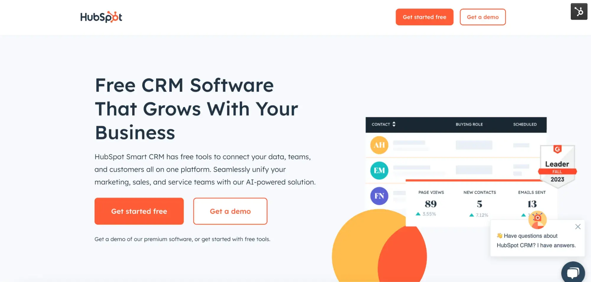 Screencap from HubSpot’s website. Free CRM Software That Grows With Your Business. HubSpot Smart CRM has free tools to connect your data, teams, and customers all on one platform. Seamlessly unify your marketing, sales, and service teams with our AI-powered solution.” 