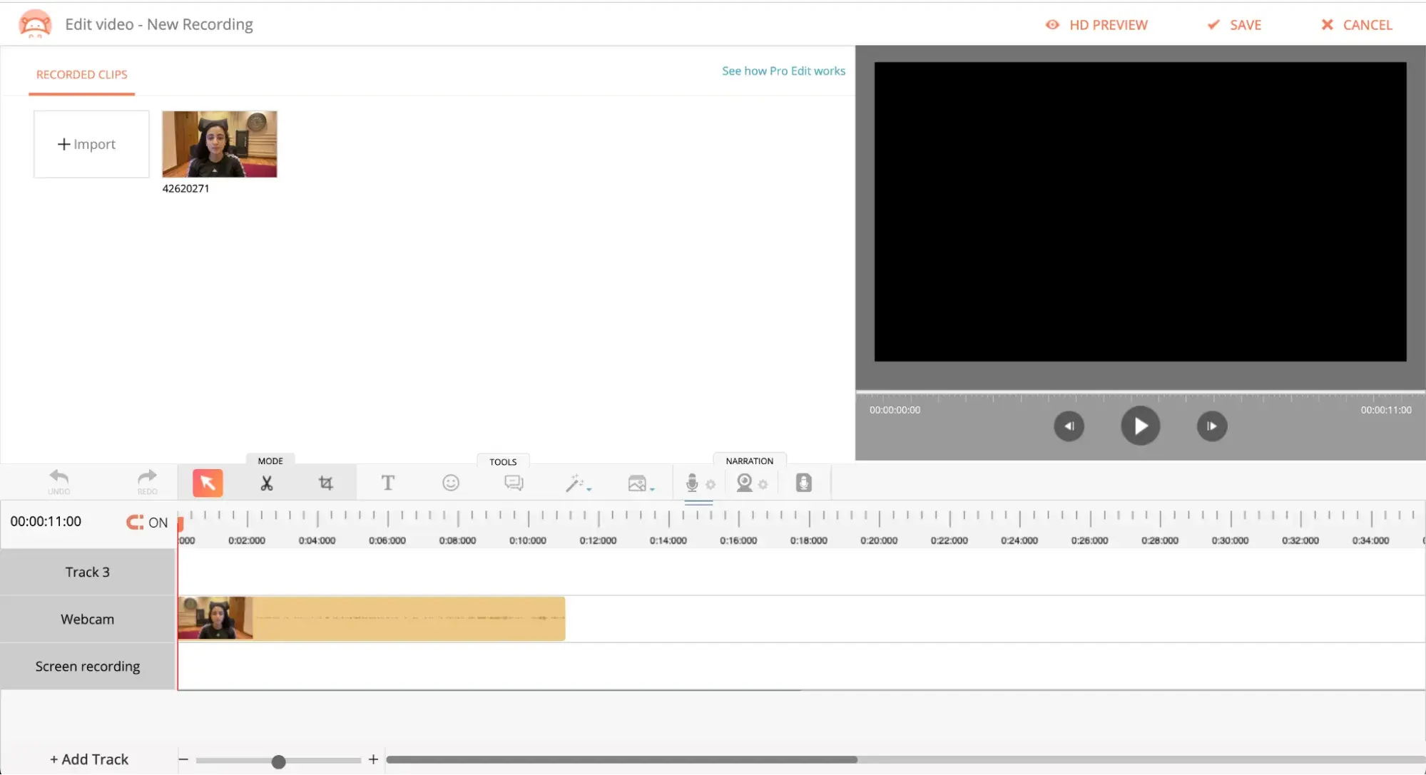 video customization interface displaying interactive timeline actions and a preview of the recorded video.