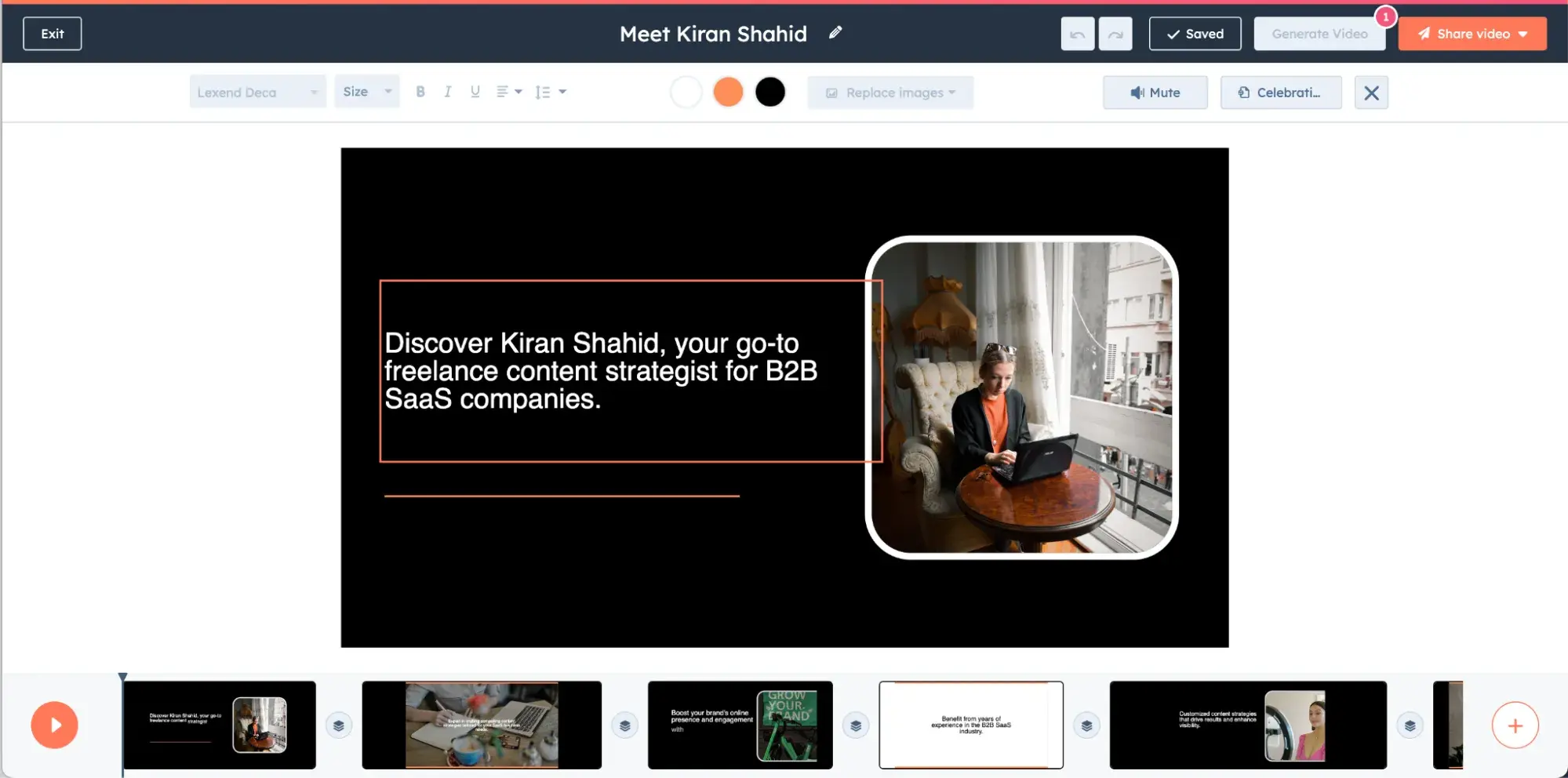 video editing interface from clip creator showcasing a presentation slide for kiran shahid