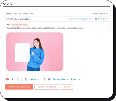 email template editor interface with a photo of a woman pointing at a blank sign.