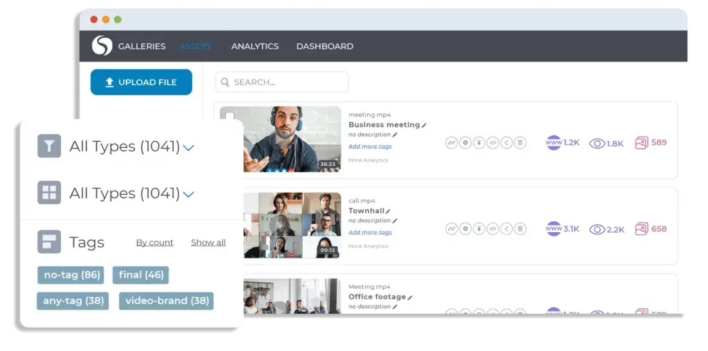 video asset management dashboard showing uploaded videos with analytics.