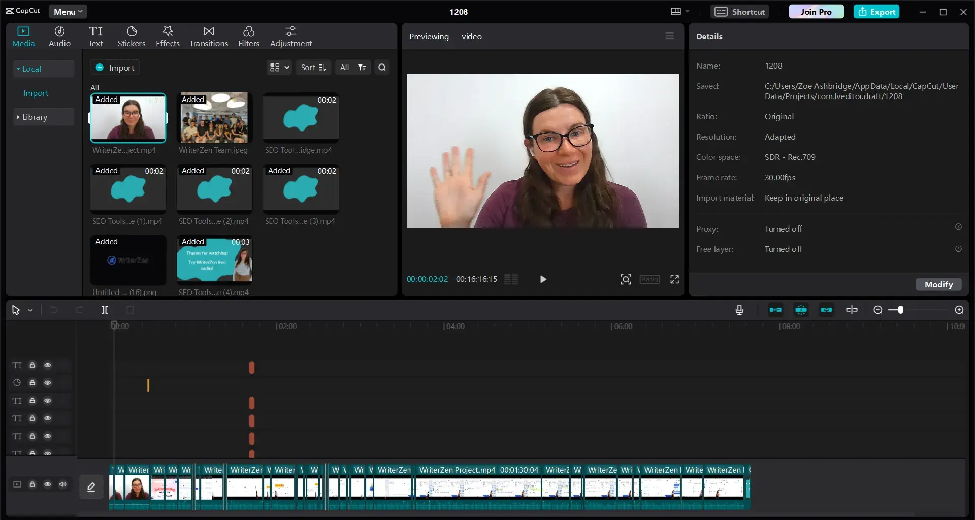 Screenshot of CapCut’s video editing interface with my latest video loaded into the editor.