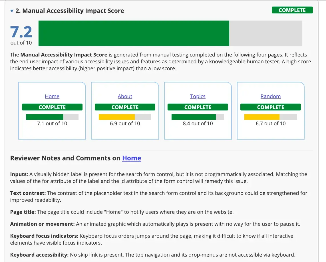  Manual accessibility impact score of 7.2 out of 10 for NASA's website, with breakdown by page and reviewer notes.