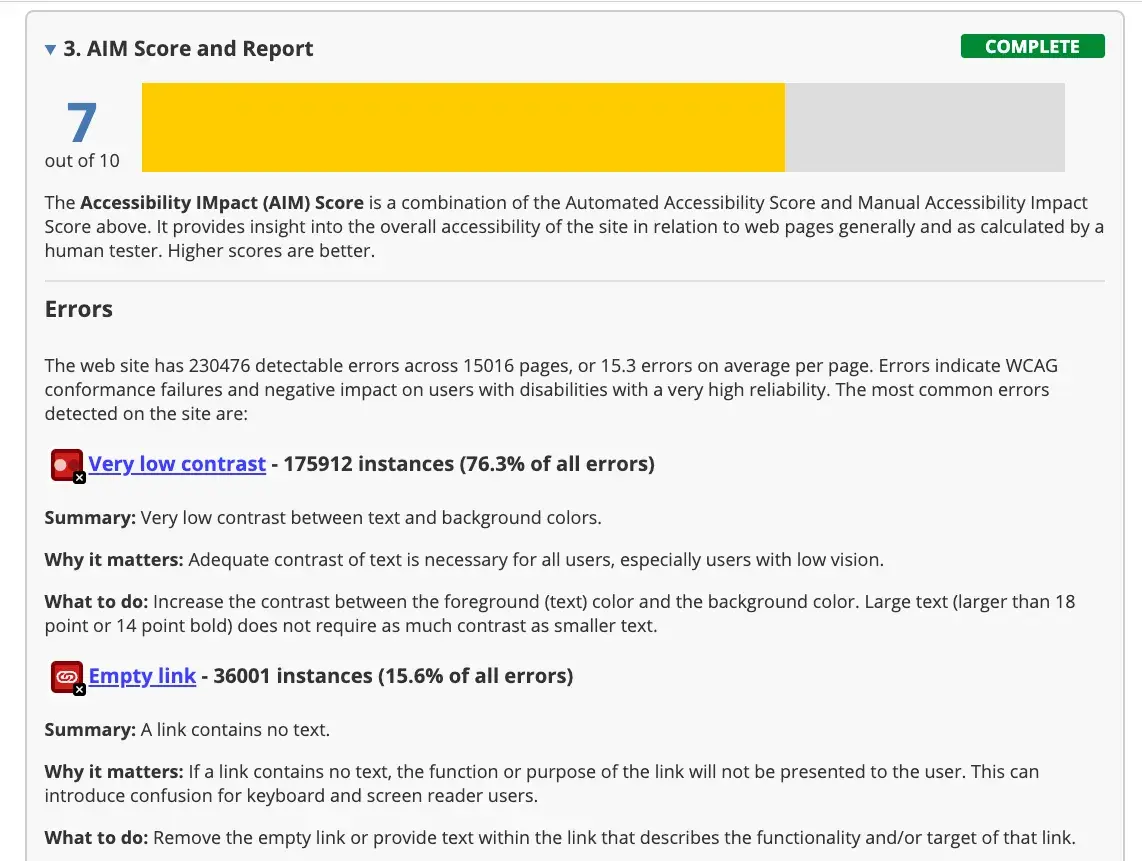  AIM (Accessibility IMpact) score report showing 7 out of 10 for NASA's website, with detailed error explanations.