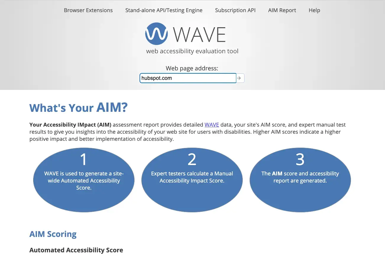  WAVE web accessibility evaluation tool interface showing input for HubSpot.com and explanation of AIM scoring process.