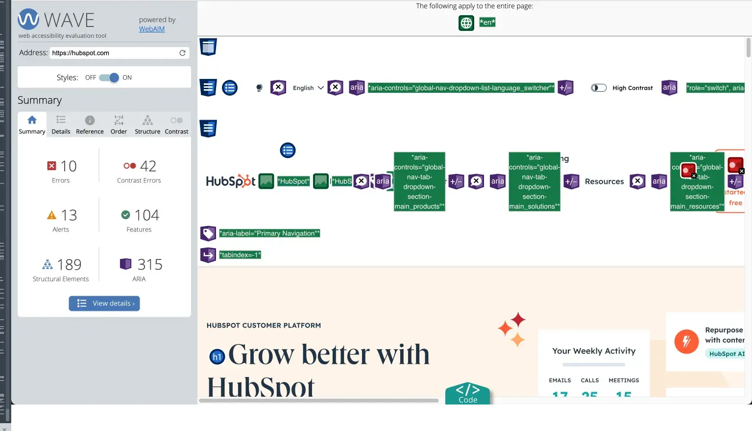 WAVE accessibility report for HubSpot.com showing summary of errors, alerts, features, and structural elements.