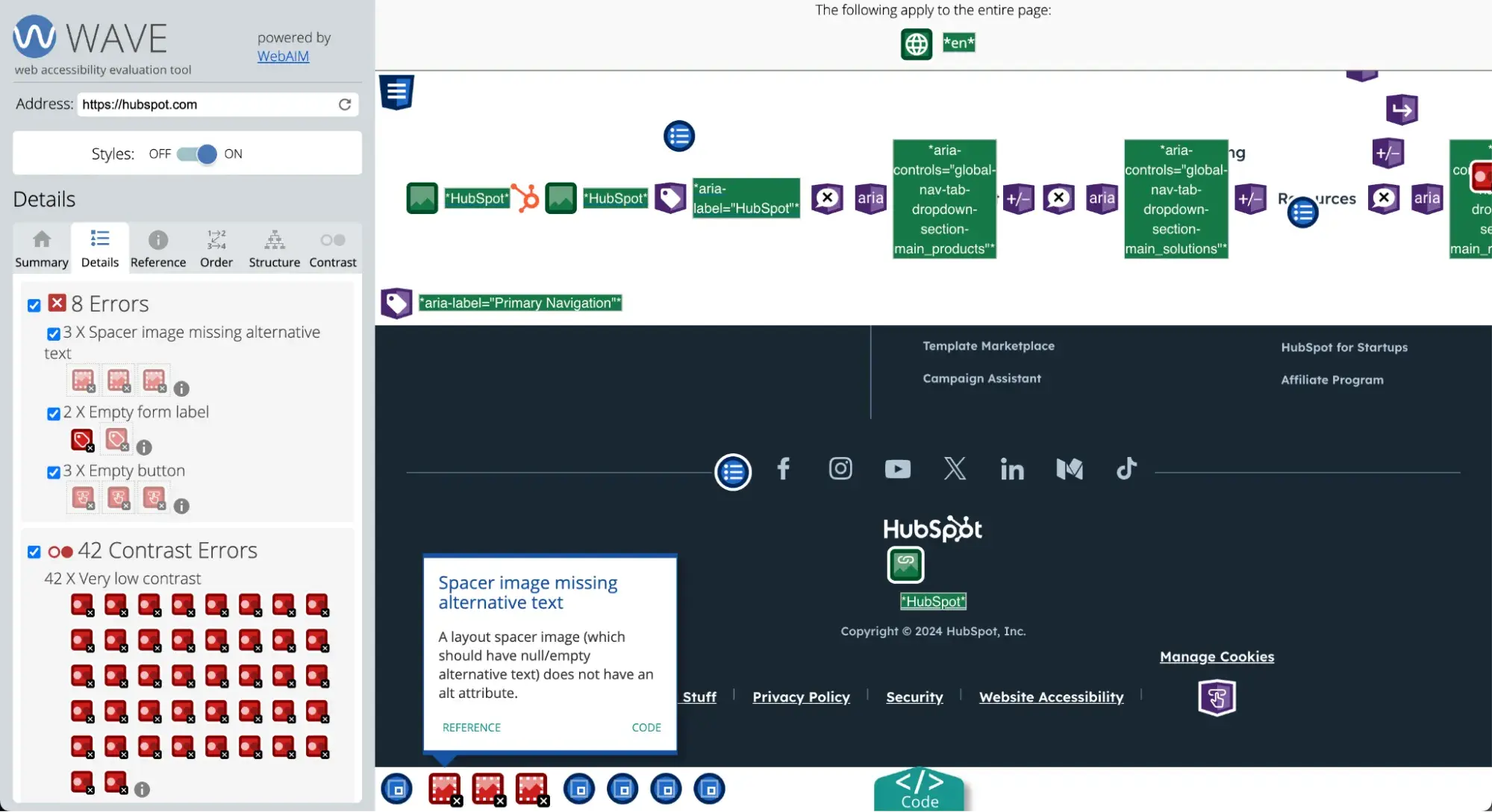  WAVE accessibility tool analyzing HubSpot's website footer, showing 8 errors including missing alternative text for spacer images, empty form labels, and contrast issues, alongside accessibility indicators overlaid on the footer content.