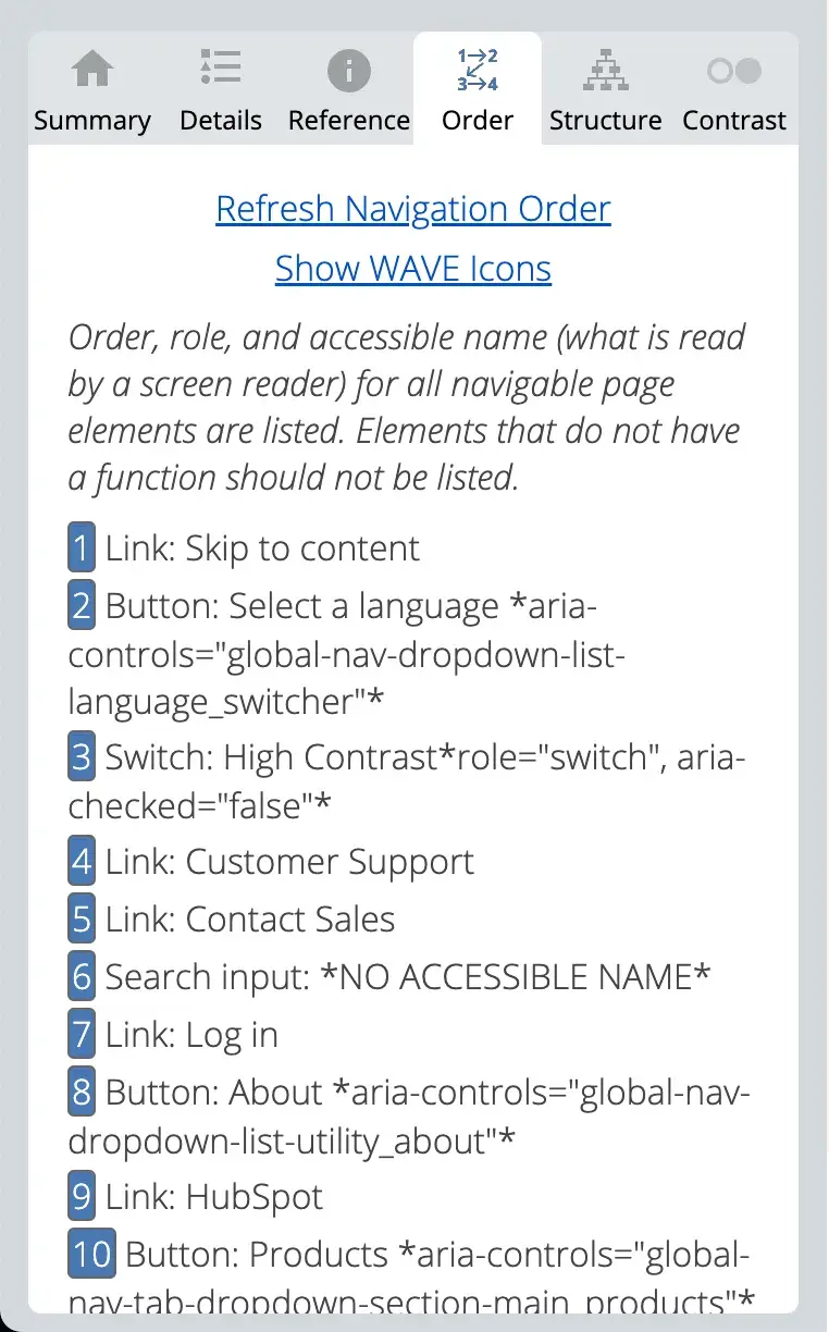 WAVE navigation order analysis listing the tabbing sequence of interactive elements on HubSpot's homepage.