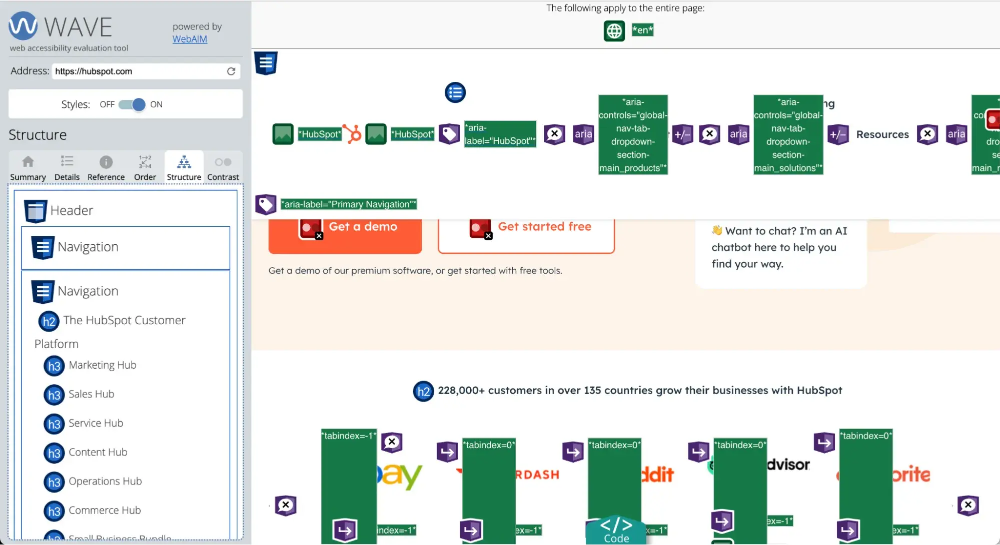 WAVE accessibility tool analyzing HubSpot's website structure and navigation elements.