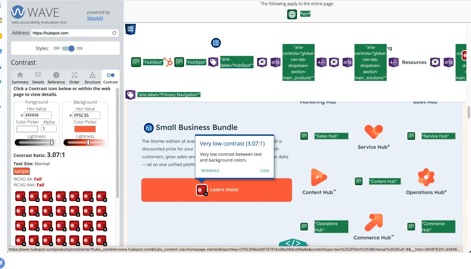 WAVE contrast checker showing analysis of orange “Learn more” button on HubSpot's Small Business Bundle section.