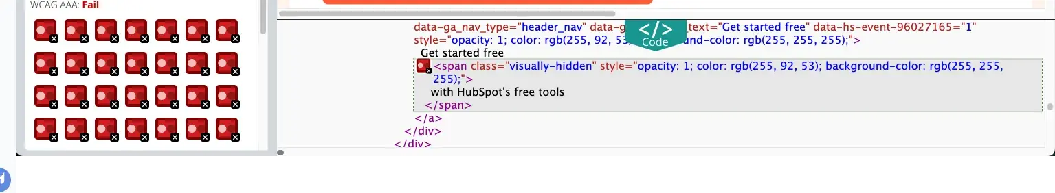 WAVE contrast analysis showing WCAG AAA failure for a “Get started free” button with code details.