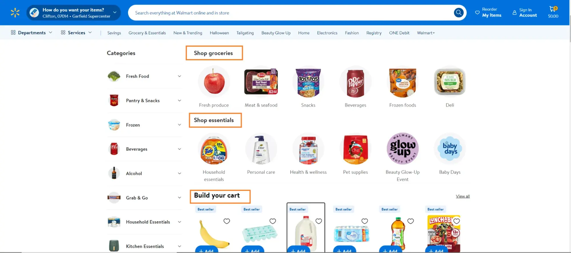 Walmart’s Grocery & Essentials list page