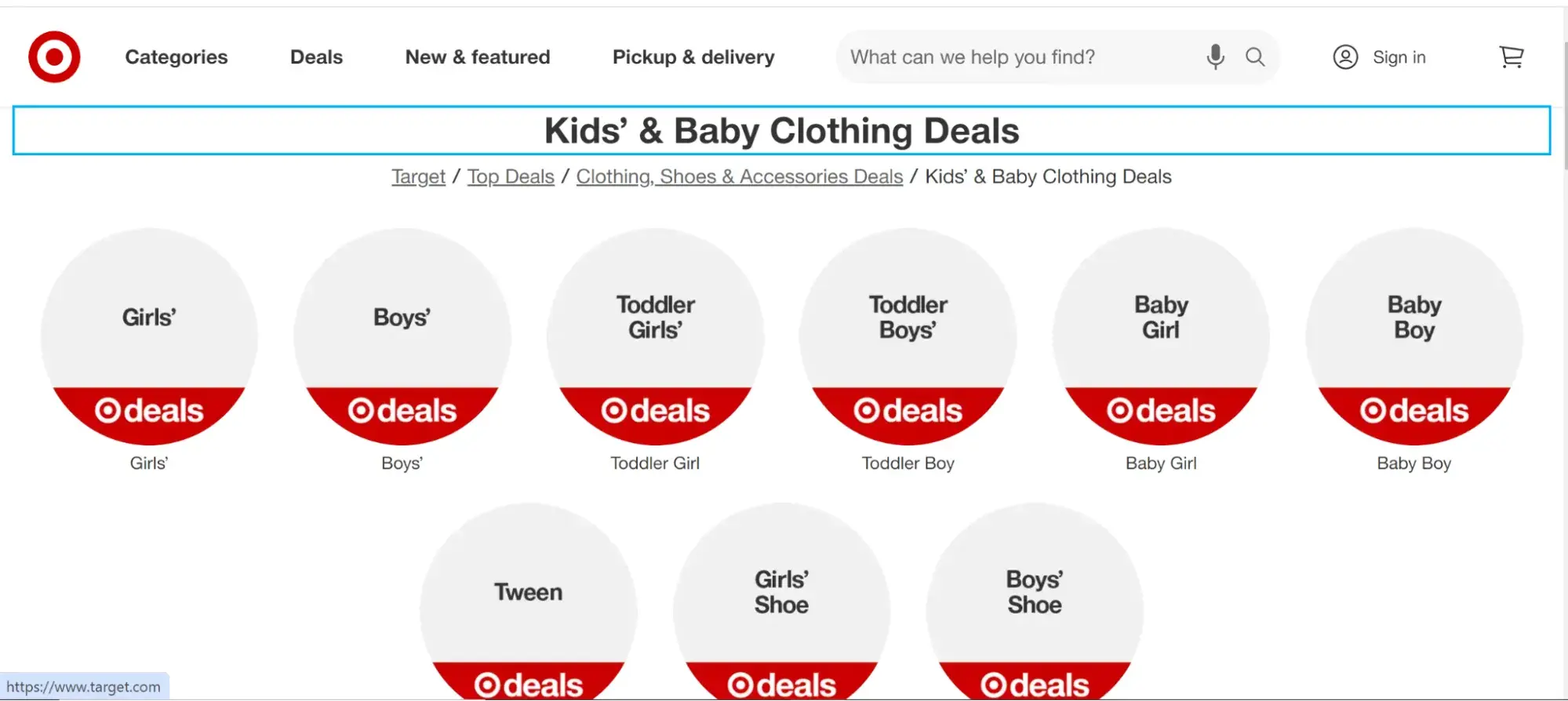 Target Kids and Baby Clothing list page