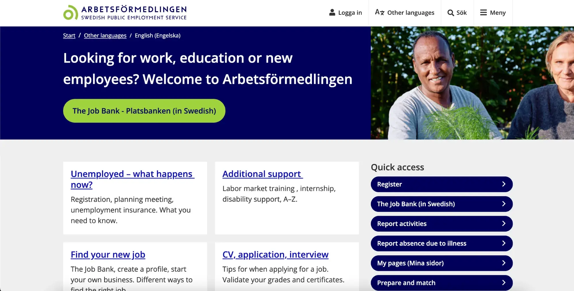 website accessibility  for older users: Screenshot of the Swedish Public Employment Service website