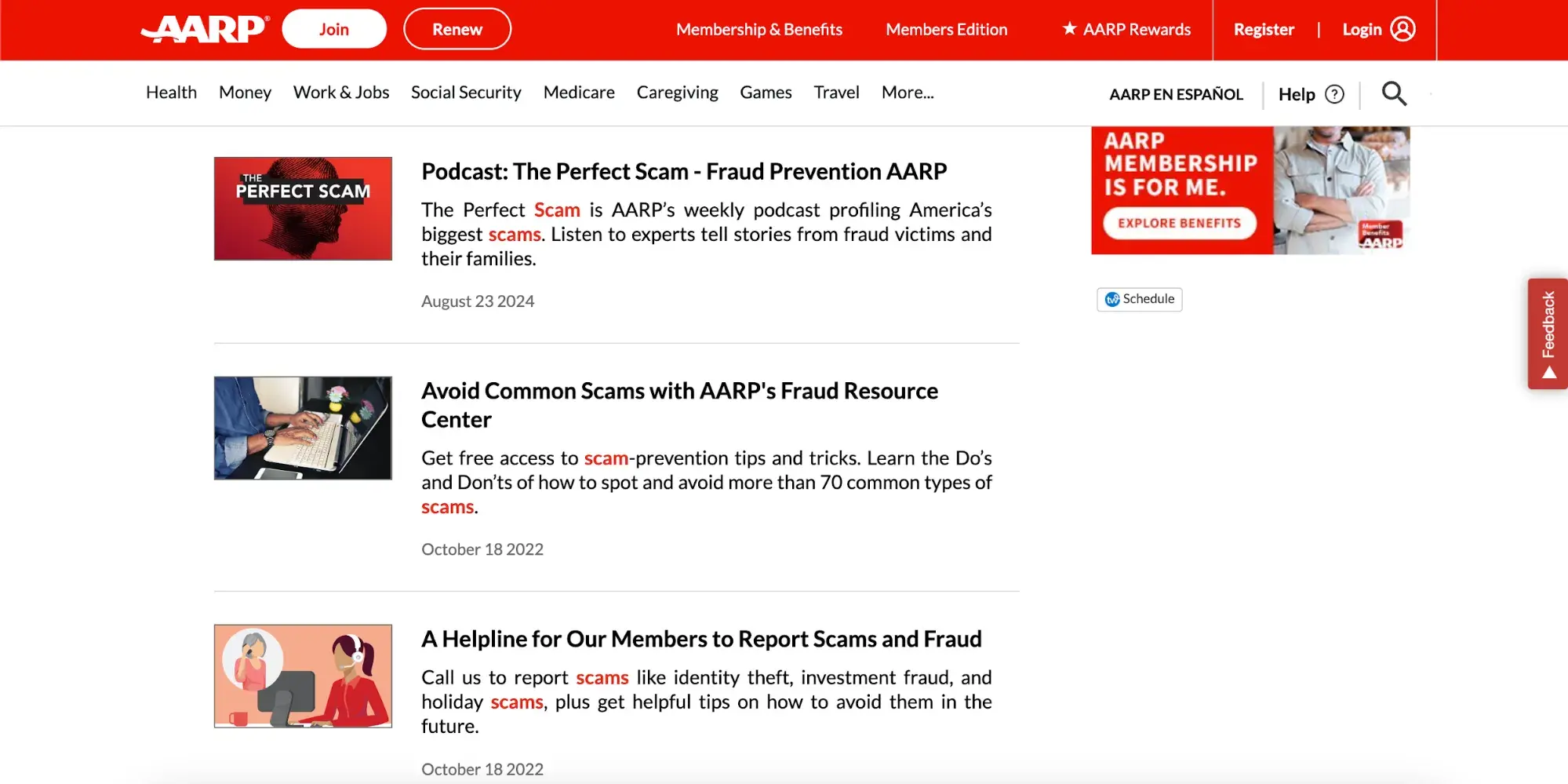 web accessibility for older users: Screenshot of AARP website