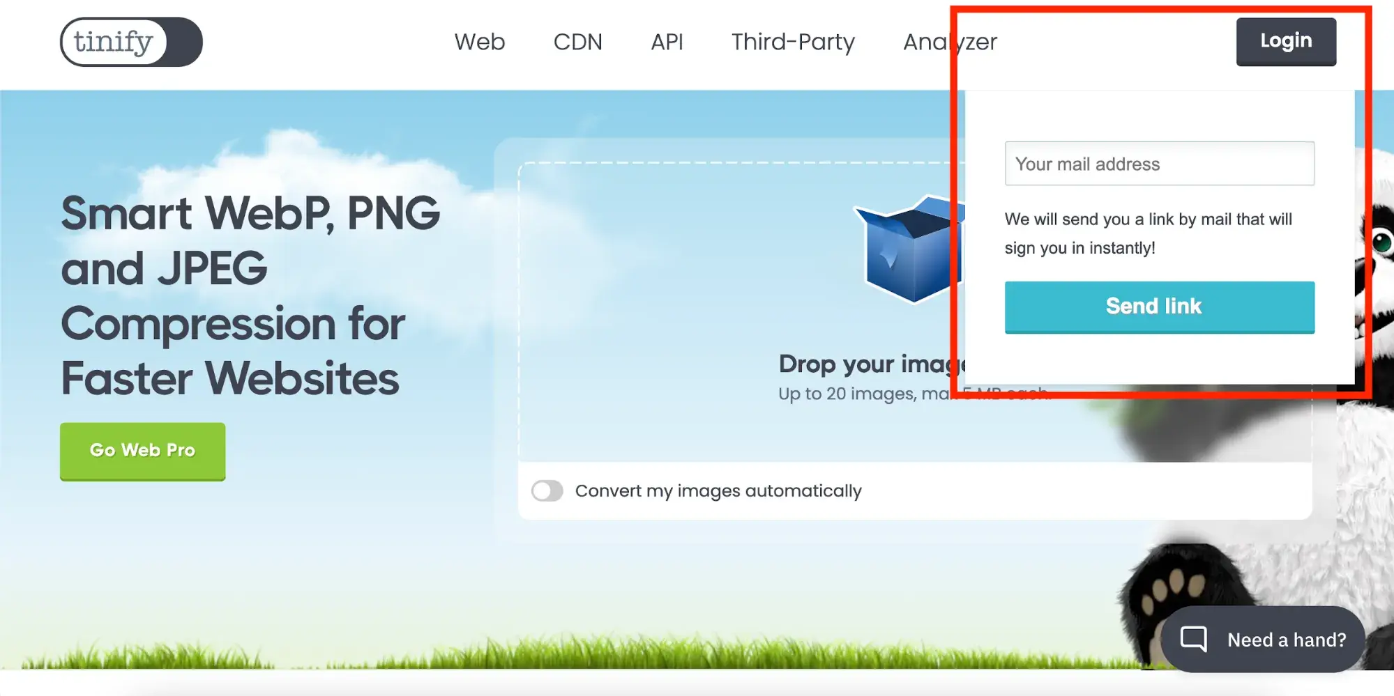 web accessibility for older users: TinyPNG screenshot of easy login option