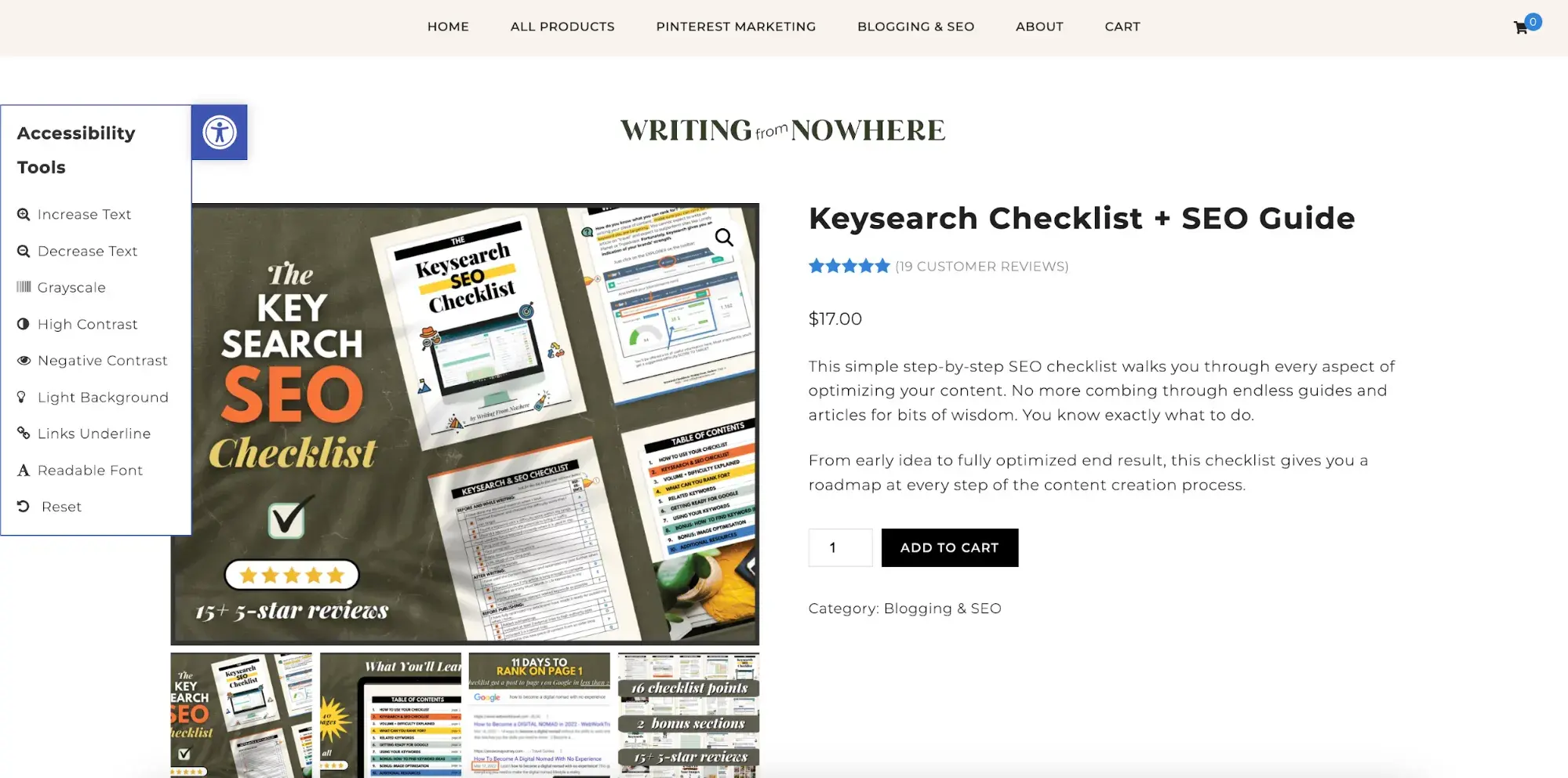 how to make your website accessible for older users: Screenshot of the One Click Accessibility plugin on a websitehttps://shop.writingfromnowhere.com/product/keysearch-checklist-seo-guide/ 