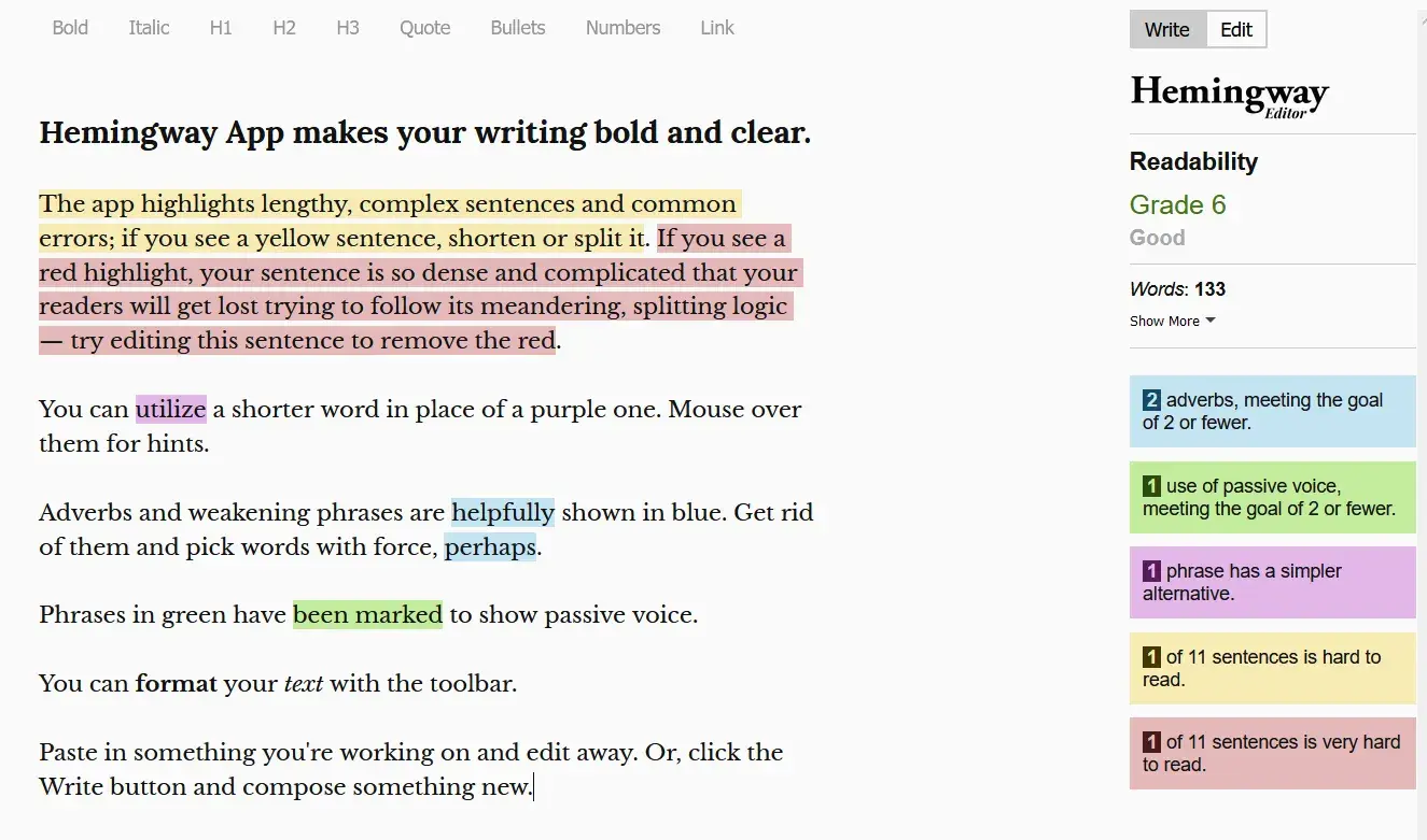 screenshot of Hemingway app with screening for readability