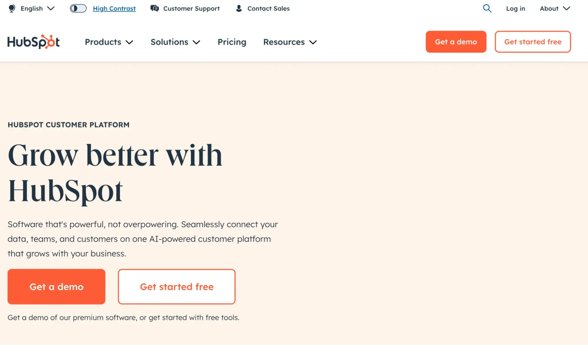 screenshot of hubspot website in regular view