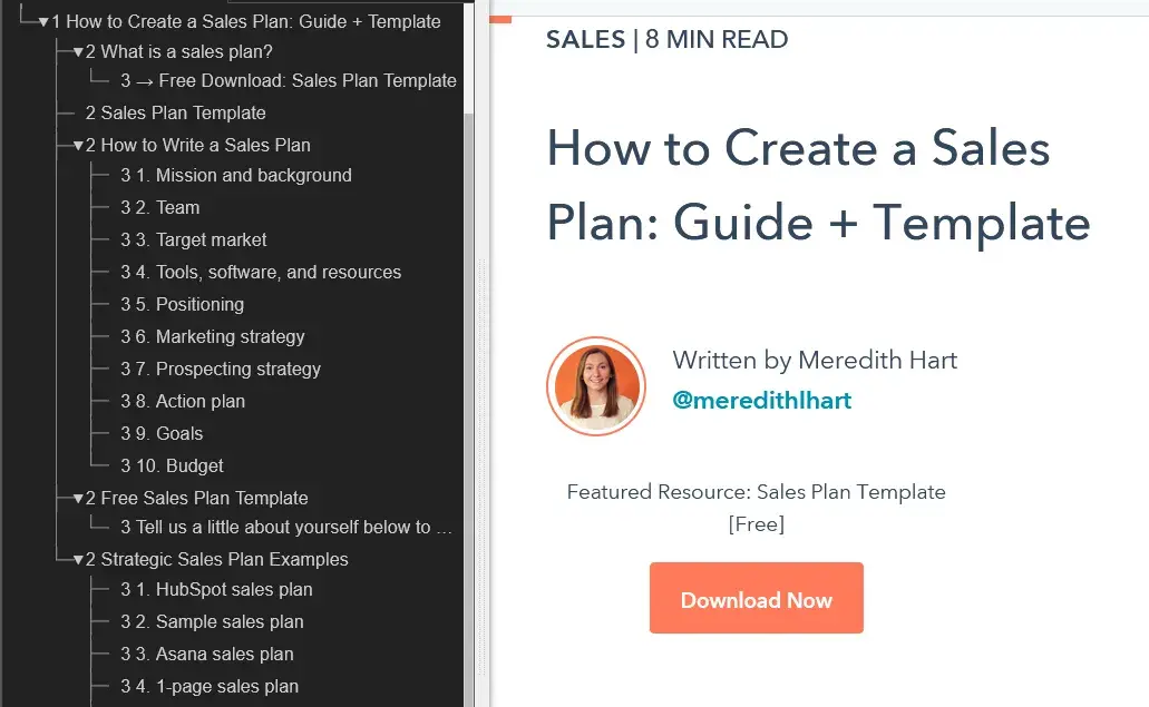 screenshot of heading structure for hubspot blog post