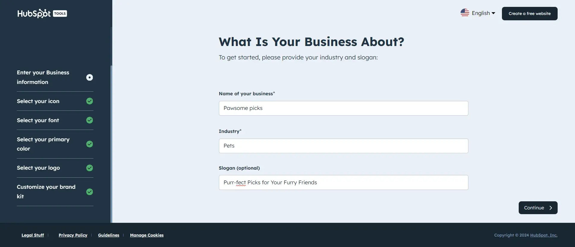 hubspot grand generator interface asking for business information