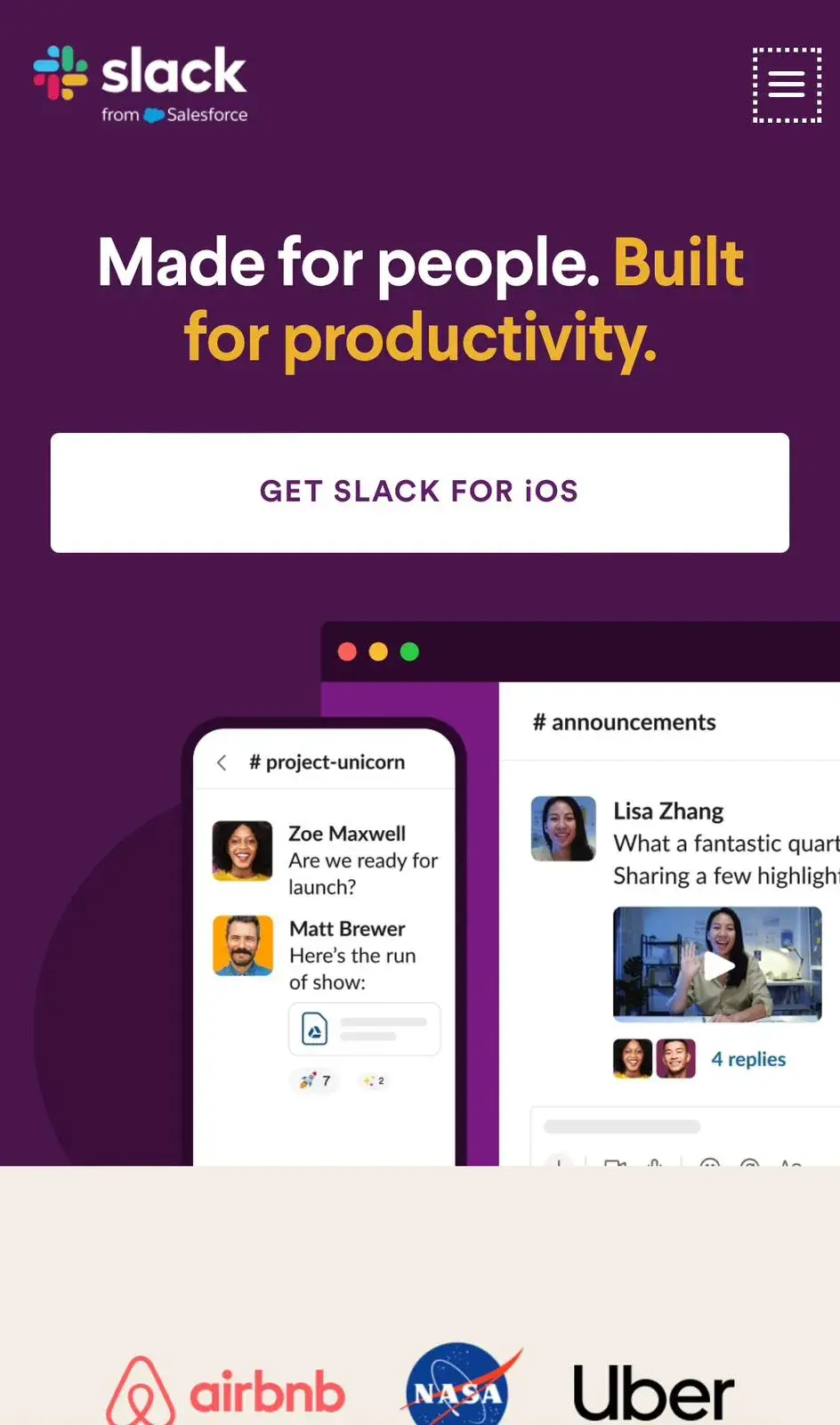 Slack on mobile integrates all the elements of good marketing and web design