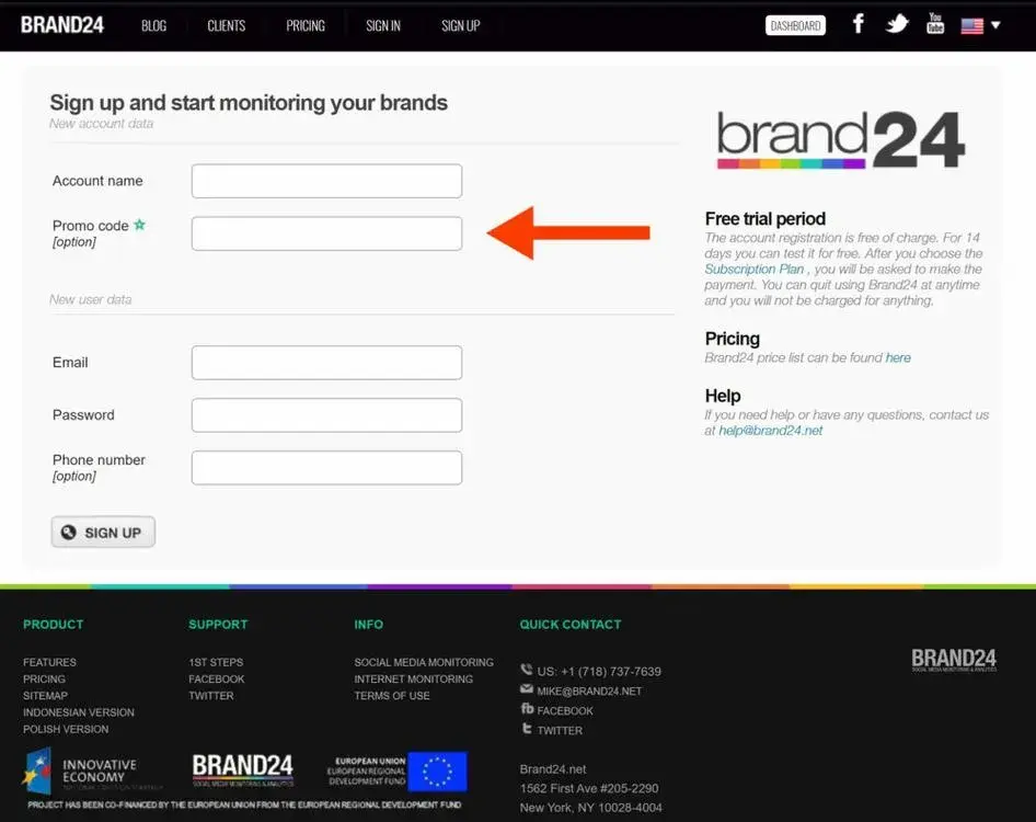 example of how web design and marketing work together, Brand 24 sign up form