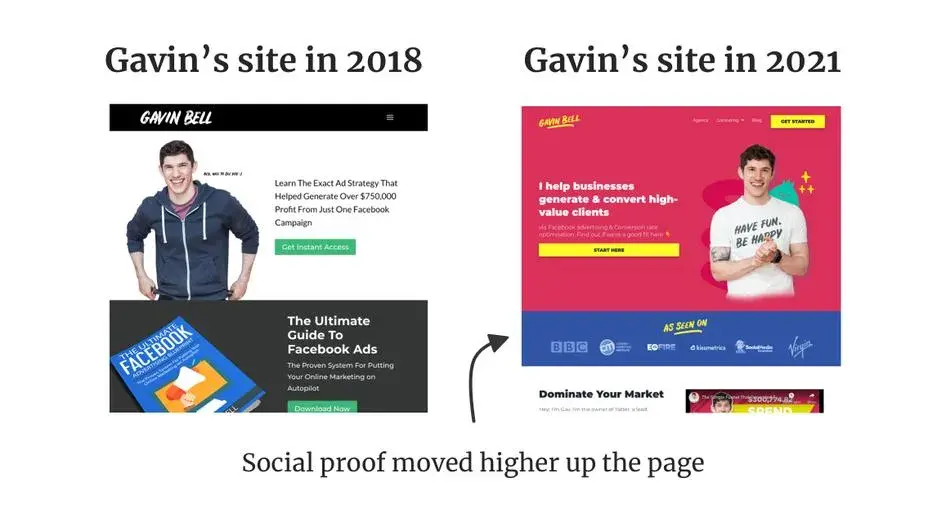 website design and marketing example, Gavin’s site in 2018 vs. in 2021.