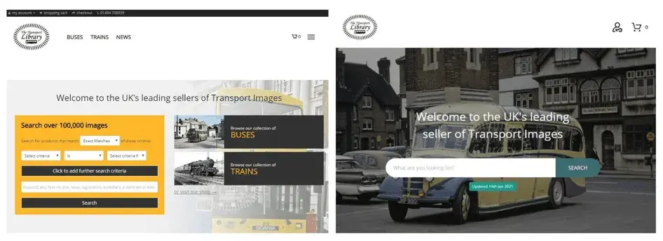 The Transport Library homepage before and after the marketing and web design revamp