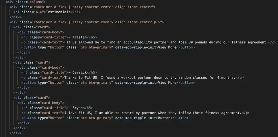 html code for testimonial cards in bootstrap material