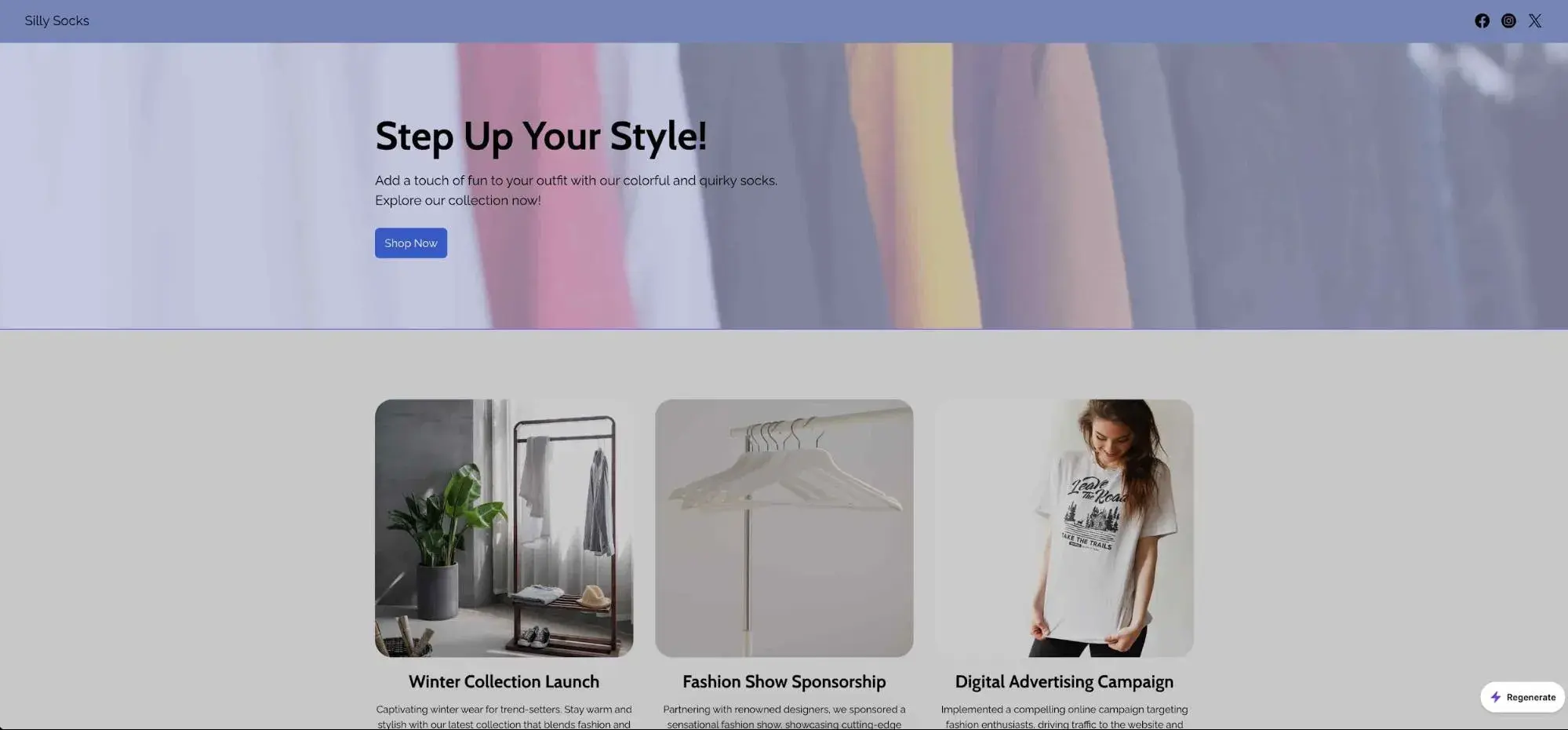 silly socks website with social media tags, categories, and a regenerate button