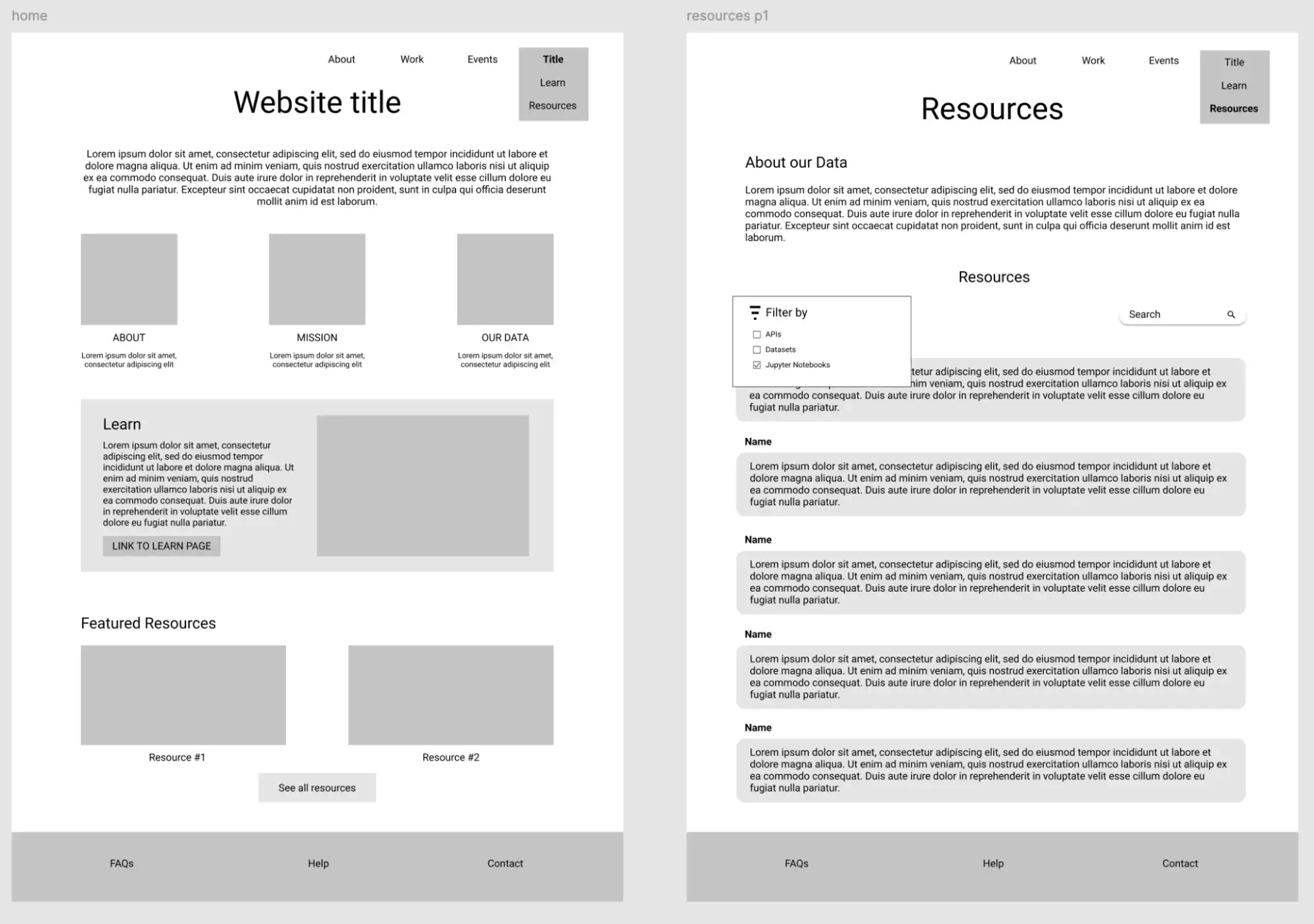 A screenshot of two low-fidelity mockups with gray boxes in Brown’s web design workflow