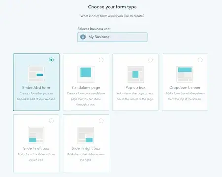 web form instructions: hubspot, select form type