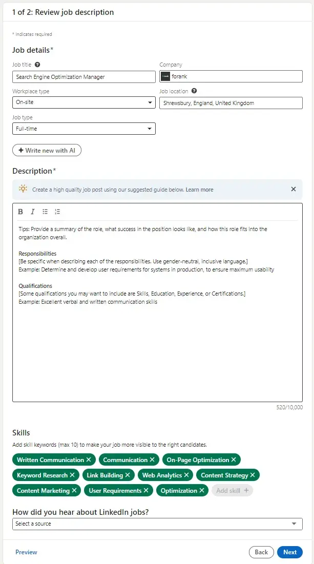 web form design: linkedin’s job posting form is a great example of web form tip to use the correct field. as pictured, it shows different types of fields.