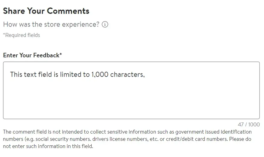 web form design: walmart’s feedback form is a great example of a form that uses constraints. it usefully shows the character count.