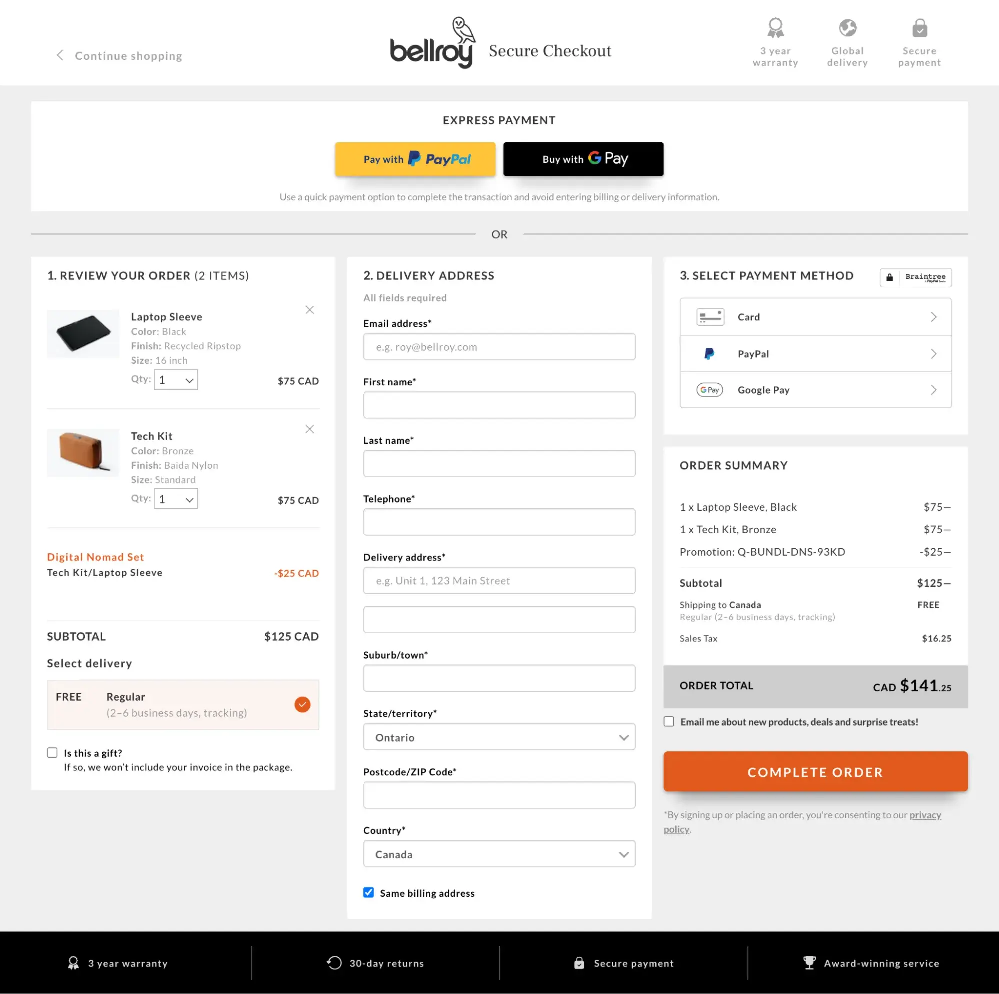 web form design: screenshot of a one-page checkout showing an order form.